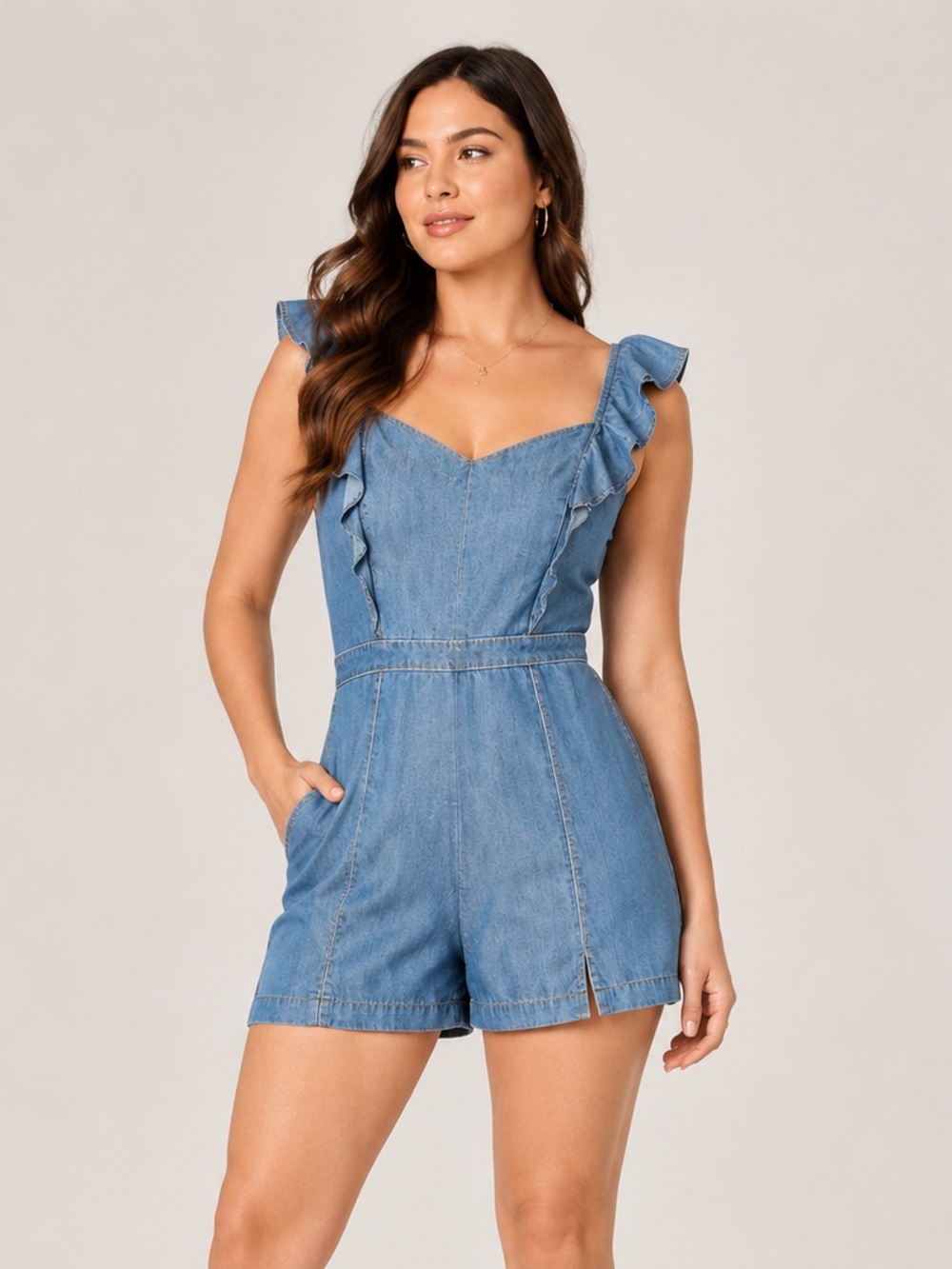 bebe Light Blue Denim Romper with Ruffle Straps